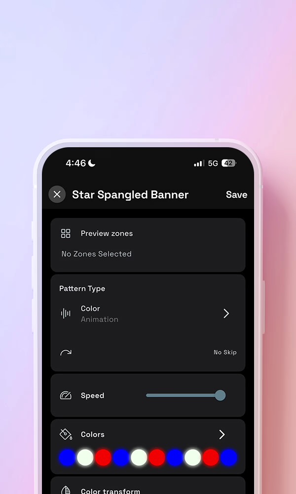 Companion app screen showing custom pattern editor