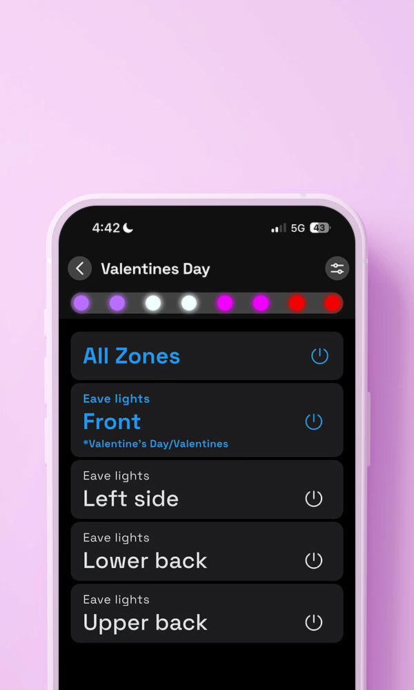 Companion app screen showing zone-based controls