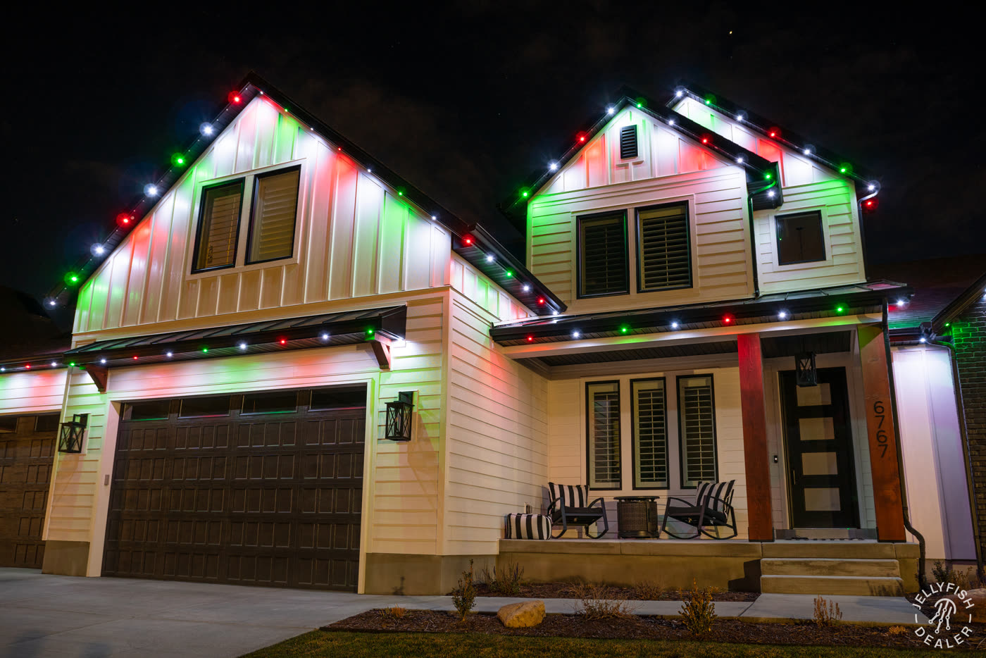 Christmas scene — red and green permanent lights