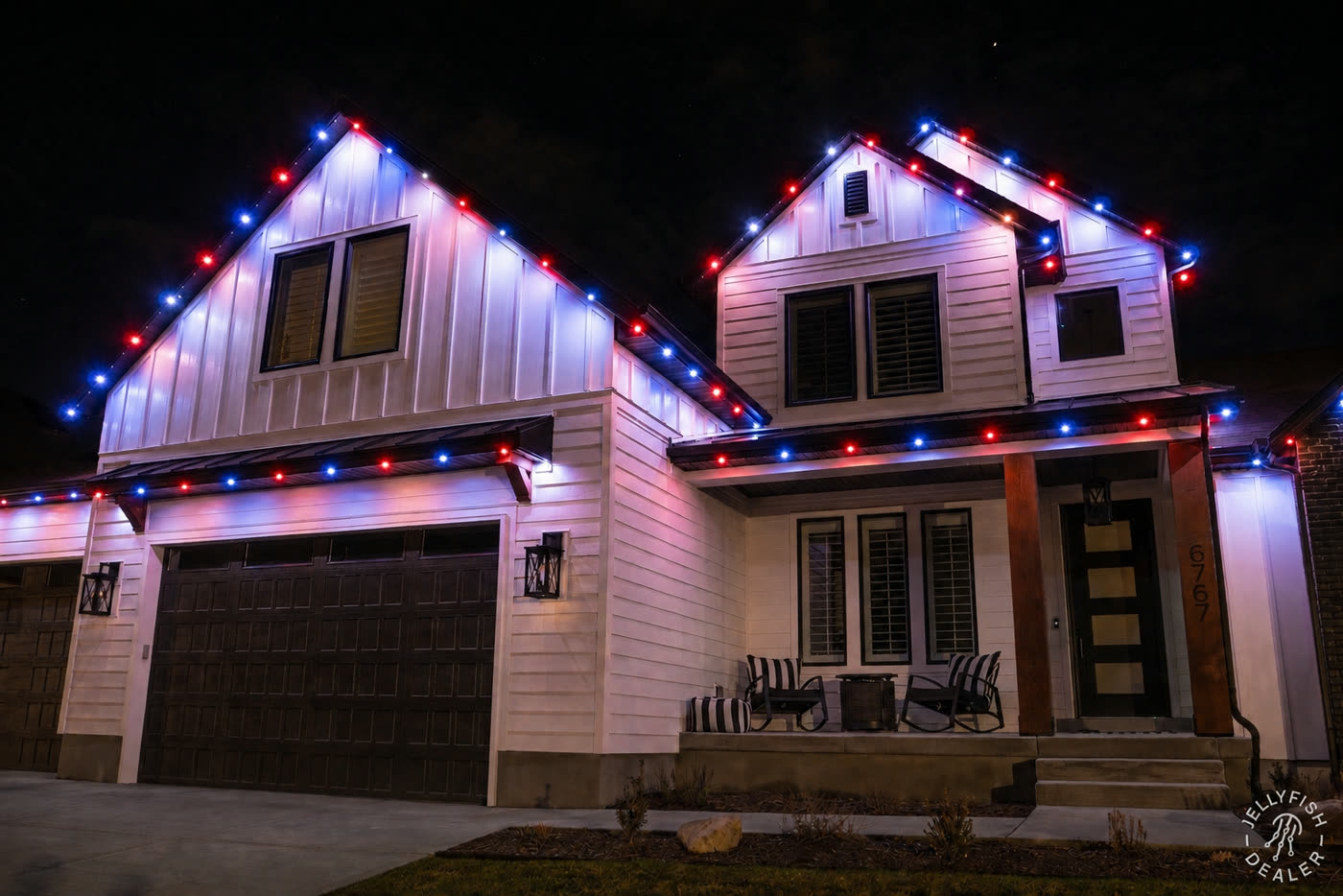 July 4th scene — red, white, and blue lights