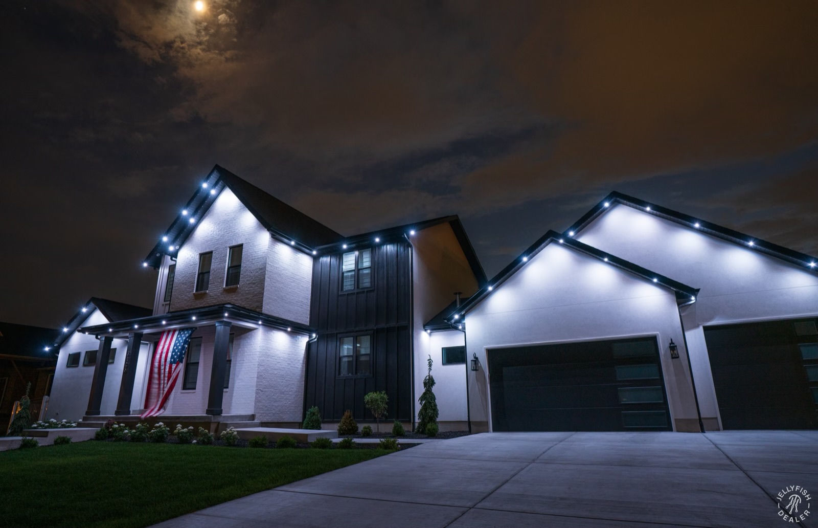 Clovis work — two-story facade install by Twilight Zone Permanent Lighting