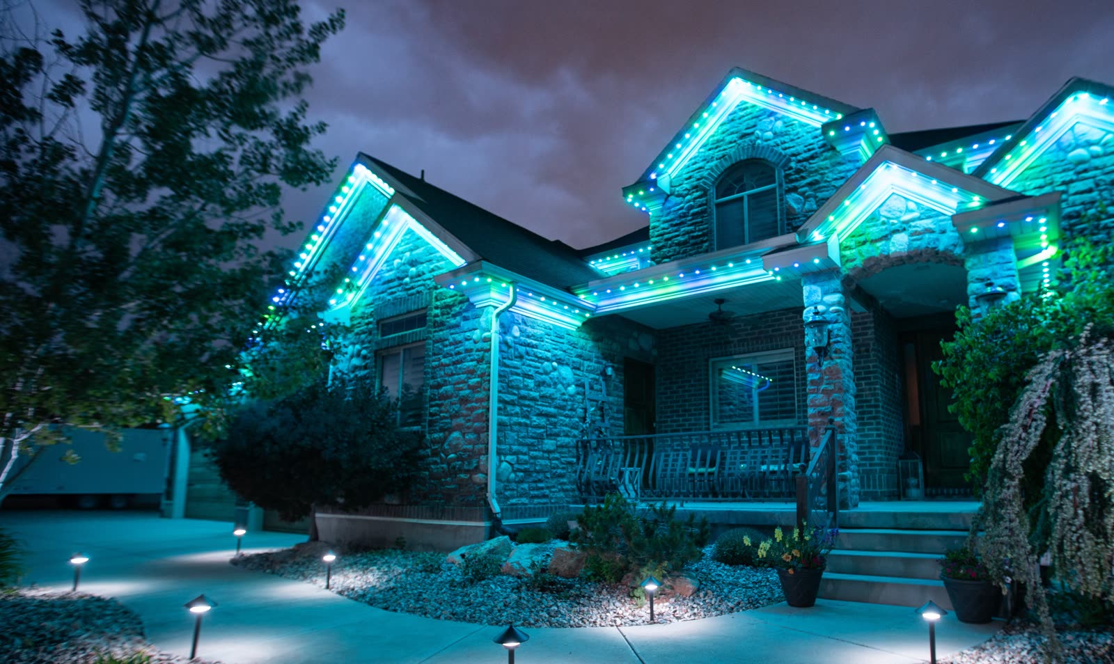 Fresno work — two-story facade install by Twilight Zone Permanent Lighting