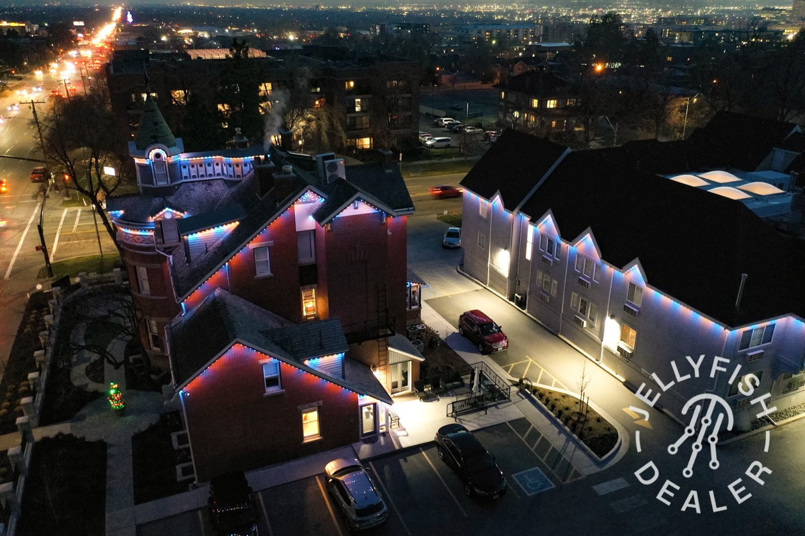 Office Park & Business Permanent Lighting portfolio — two-story facade install by Twilight Zone Permanent Lighting