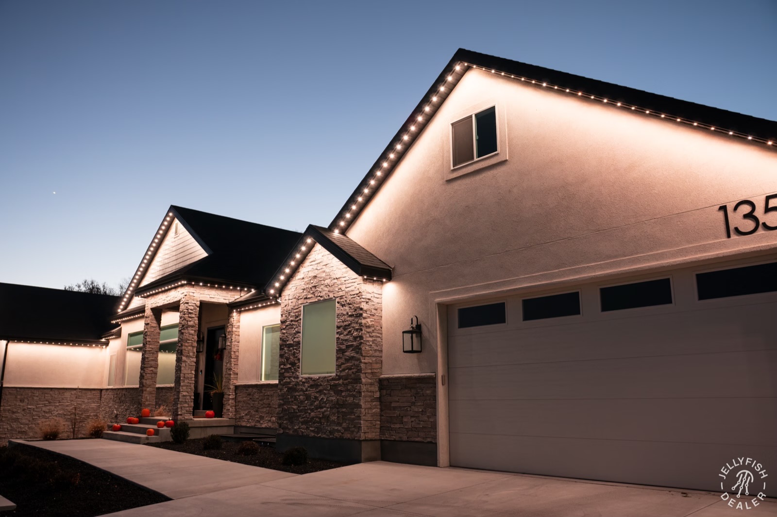 Bright cool-white security lighting on residential entrance